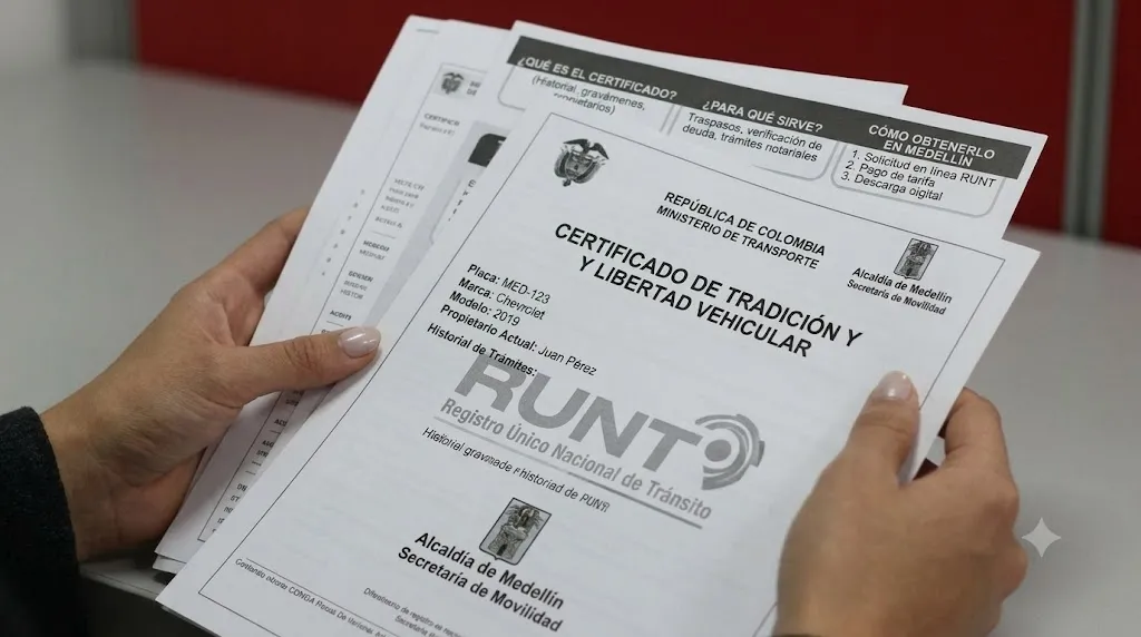 Persona sostiene un certificado de tradición y libertad vehicular del RUNT con datos de placa, marca y modelo