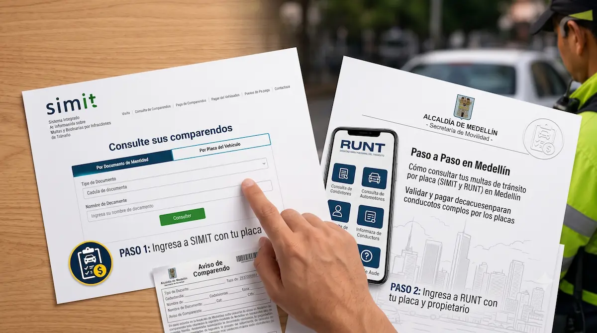 Consulta de multas de tránsito por placa en los portales SIMIT y RUNT, paso a paso en Medellín