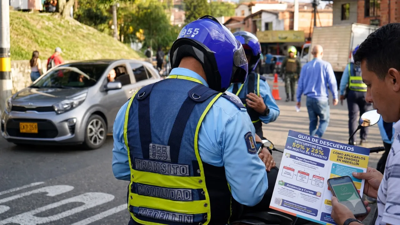Agente de tránsito de Medellín durante una jornada informativa sobre descuentos en multas