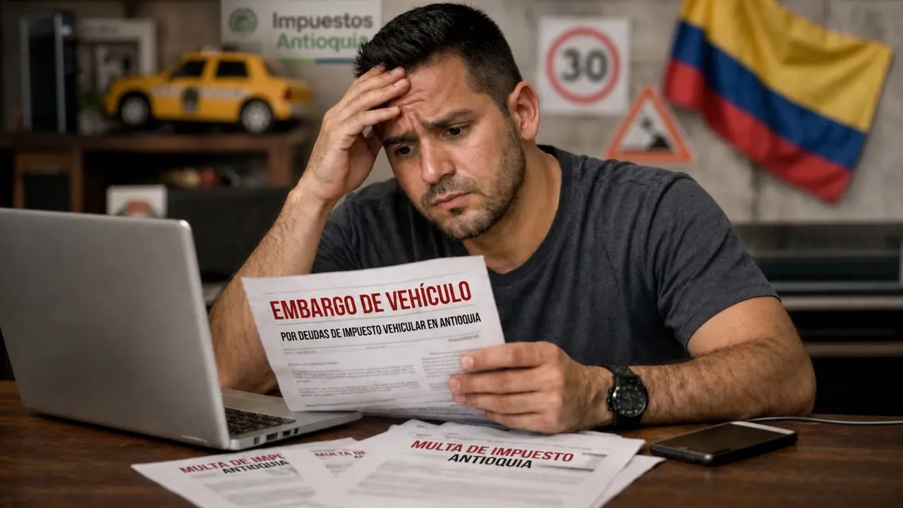 Persona preocupada revisando un embargo de vehículo por deudas de impuesto vehicular en Antioquia