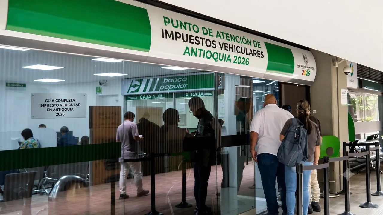 Punto de atención de impuestos vehiculares de Antioquia con ciudadanos esperando su turno