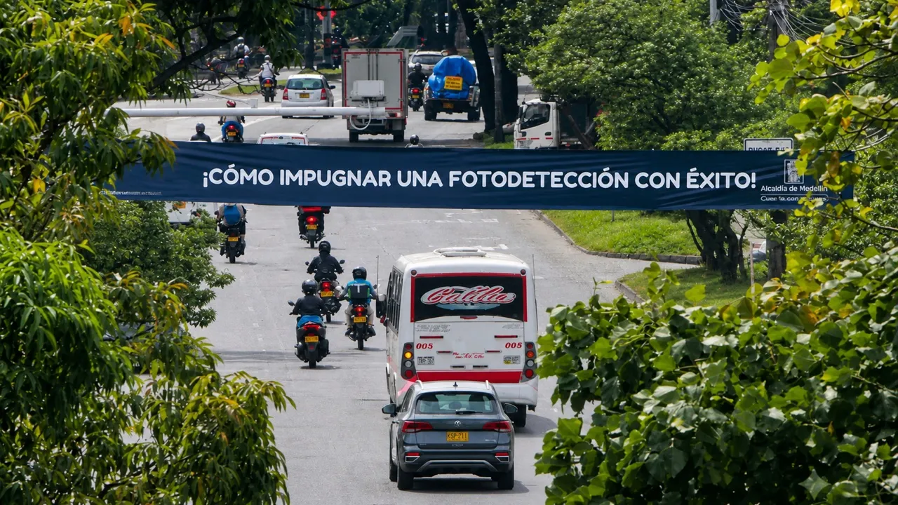 Avenida de Medellín con mensaje informativo sobre la impugnación de fotodetecciones