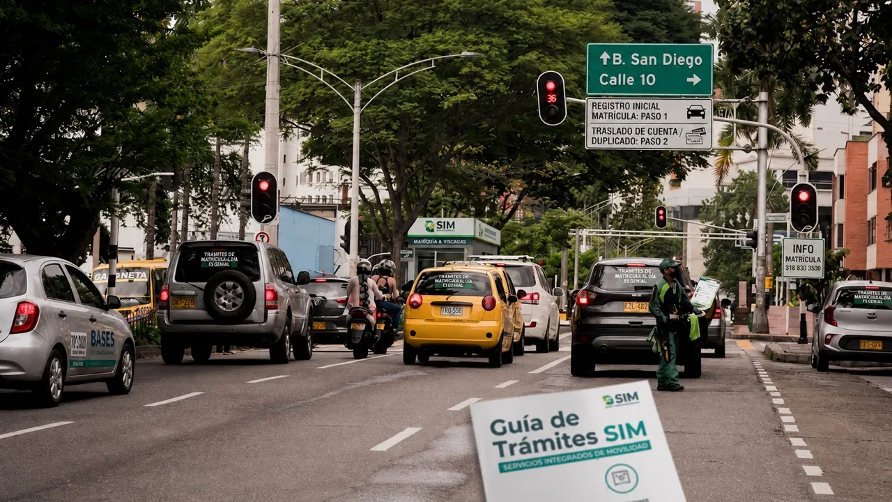 Tráfico de Medellín junto a señalización sobre registro inicial, traslado de cuenta y duplicado