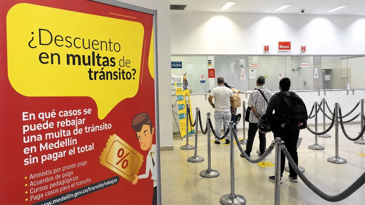 Aviso sobre descuentos en multas de tránsito junto a una zona de atención en Medellín